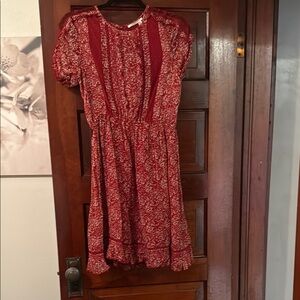 Anthropologie Red and White Crew Neck Puff Sleeve Midi Dress